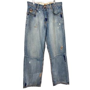 Pepe Jeans London Vintage Made Hong Kong Distressed Embroidered Denim Blue Jeans